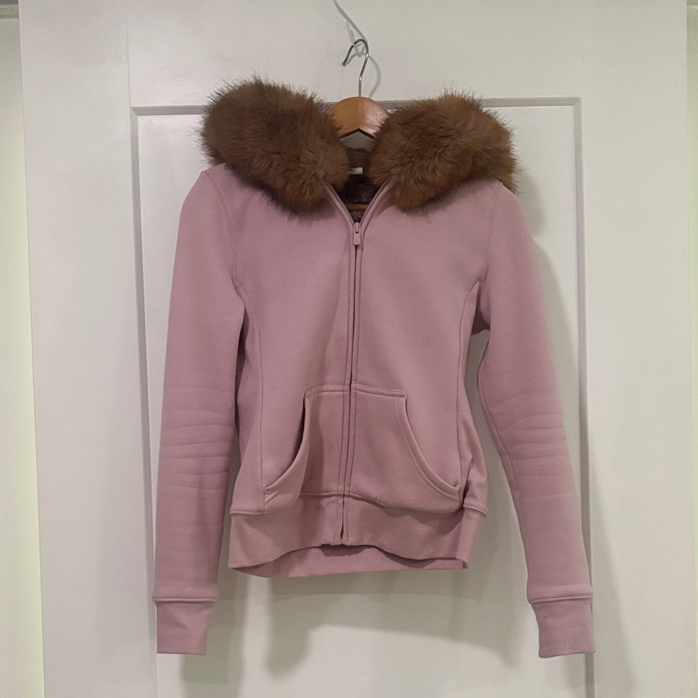 Aritzia Pink Zip-Up Hoodie with Brown Fur Hood Trim - Picture 2 of 4